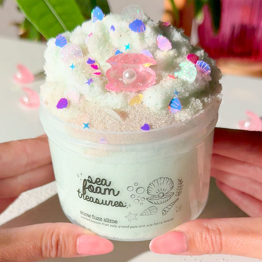 Sea Foam Treasures Light Blue Snow Fuzz Slime Sugarfoam Island Passionfruit Fruity Scented Slime Fantasies Shop 9 oz Front View