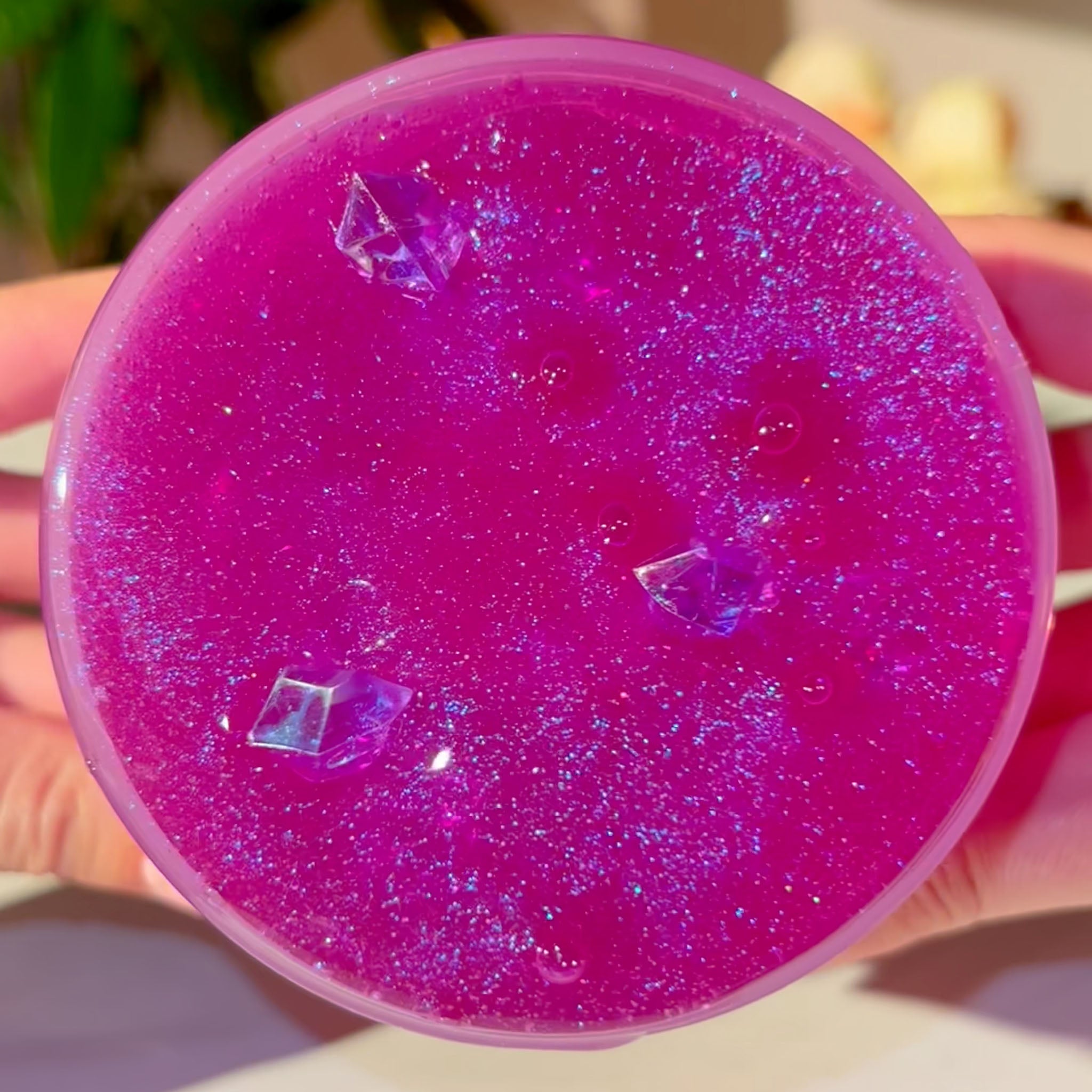 Aura Purple Pink Pigmented Clear Slime with Glitter Fantasies Shop 9oz Top View