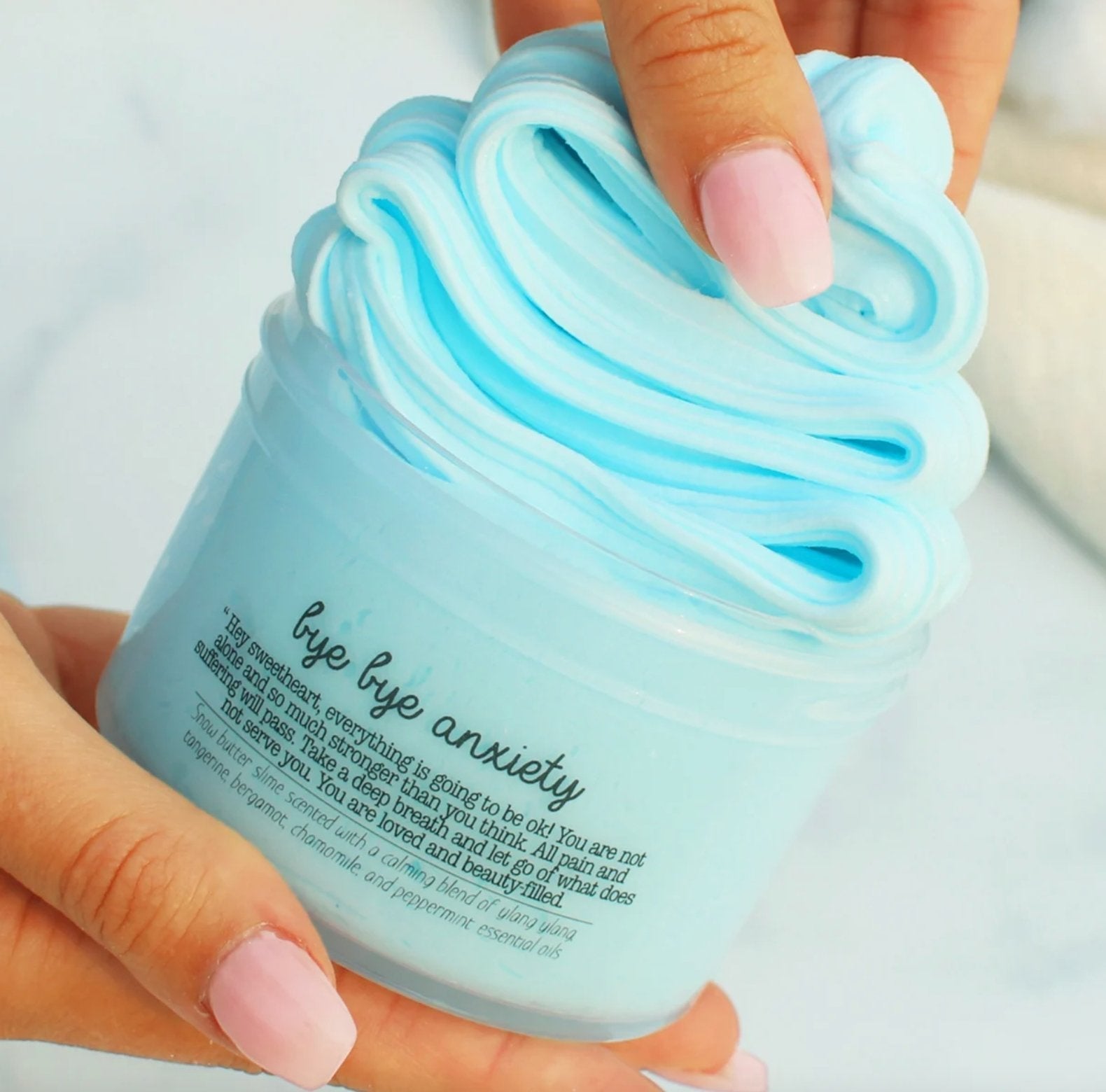 Bye Bye Anxiety Blue Relief Toy Tool Stress Sensory Therapy Dough Aromatherapy Essential Oil Scented Slime Fantasies Shop 7oz Front View Hands