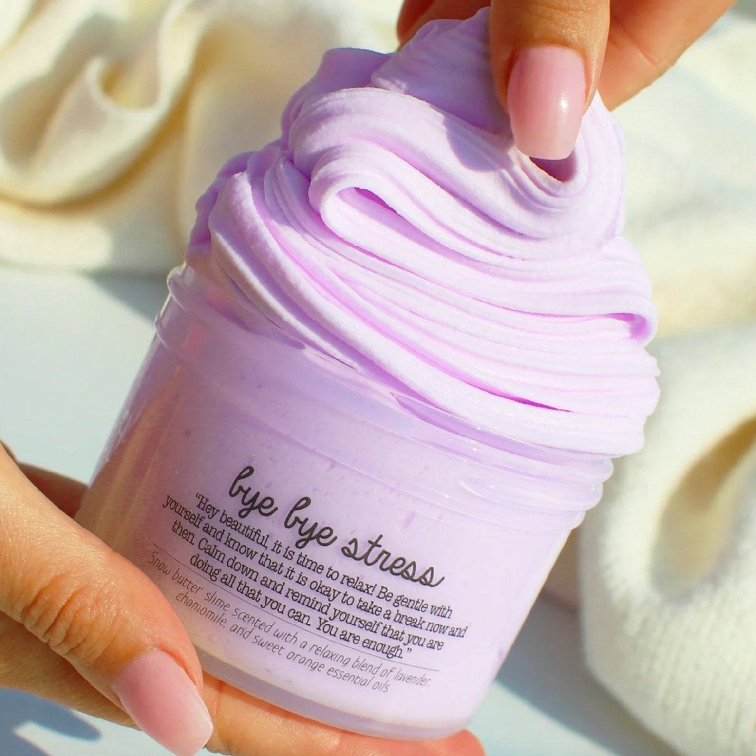Bye Bye Stress Purple Anxiety Relief Toy Tool Sensory Therapy Dough Aromatherapy Essential Oil Scented Slime Fantasies Shop 7oz Front View Hands