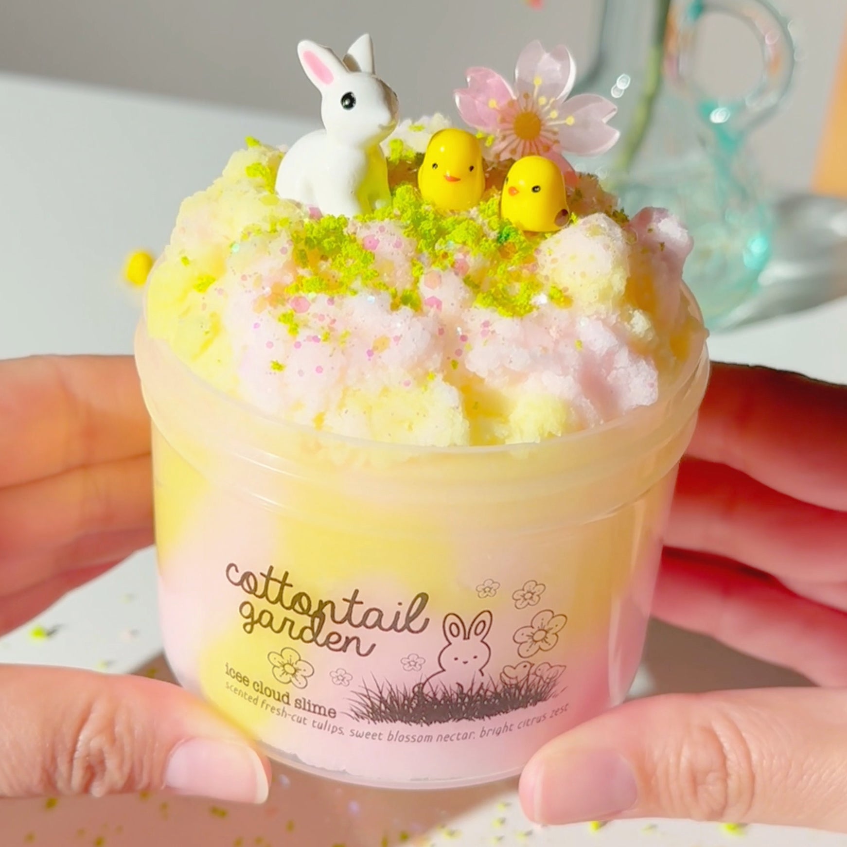 Cottontail Garden Yellow Pink Icee Fluffy Cloud Slime Fantasies Shop 9oz Front View Tilted