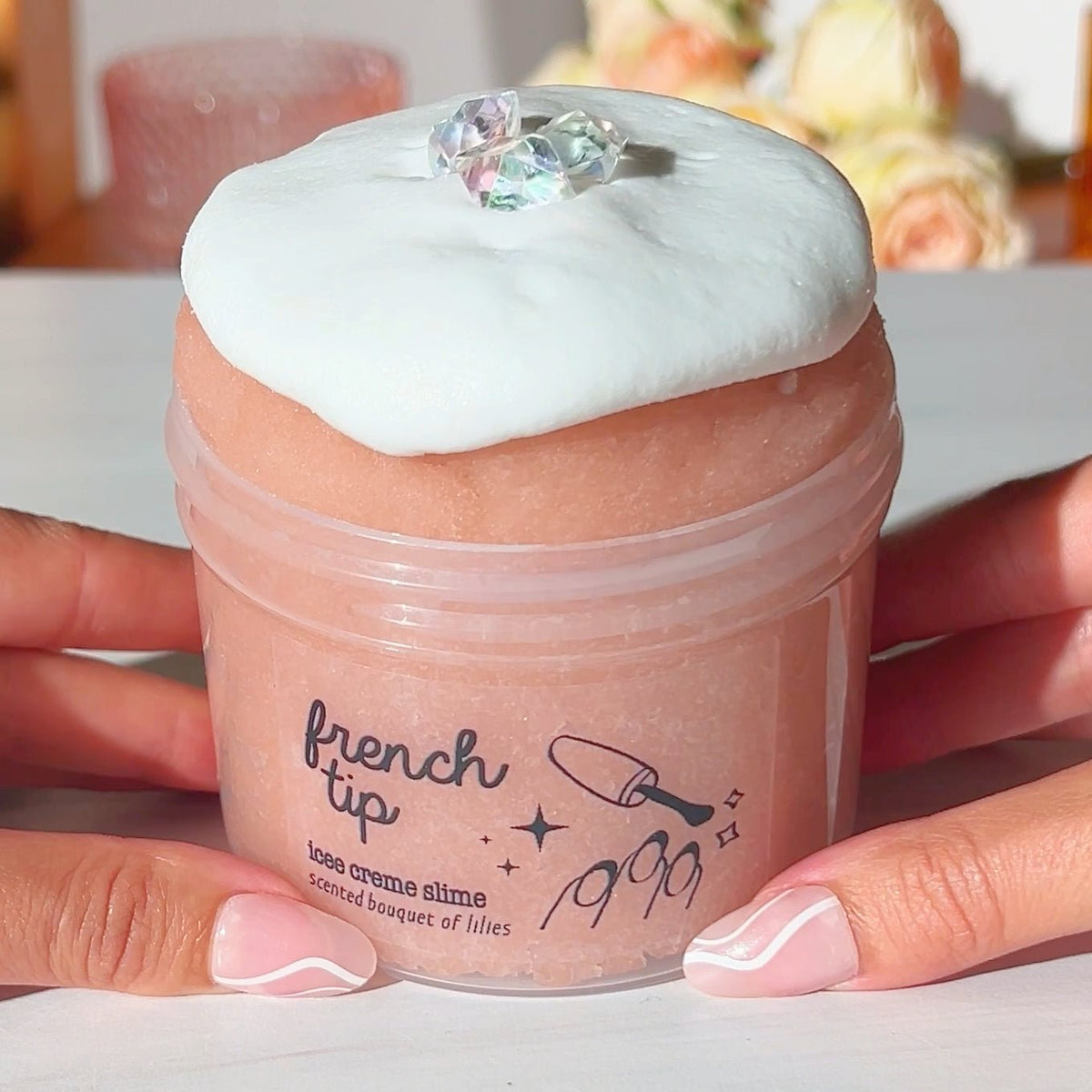 French Tip Nail Salon Beige White Charm Icee Creme Slime Slime Fantasies Shop 9oz Front View