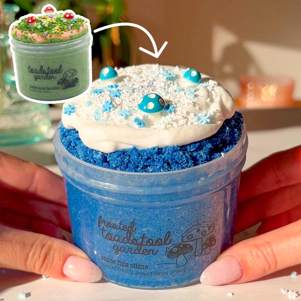 Frosted Toadstool Garden Winter Blue Crunchy Butter Slime Fantasies Shop 9oz Front View Comparison