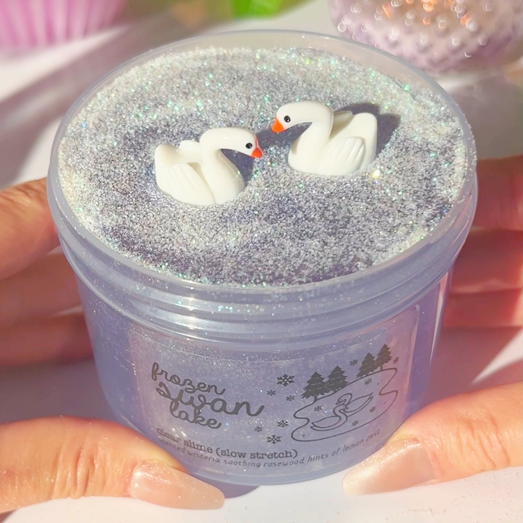 Frozen Swan Lake Icy Purple Blue Shimmer Clear Slime Wisteria Rosewood Lemon Zest Scented Slime Fantasies Shop 9oz Front View