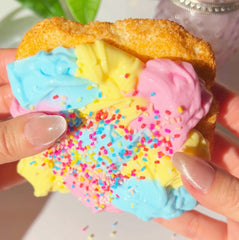 Rainbow Toast Blue Pink Yellow DIY Super Snow Fizz Snow Butter Slime Slime Fantasies Shop 9 oz Side View