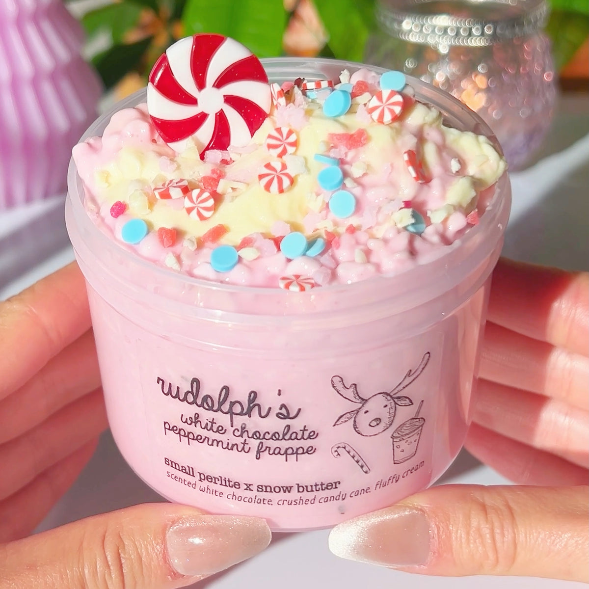 Rudolph Frappe DIY Pink Yellow Rainbow Small Perlite Snow Butter Slime White Chocoloate Peppermint Scented Slime Fantasies Shop 9oz Front View