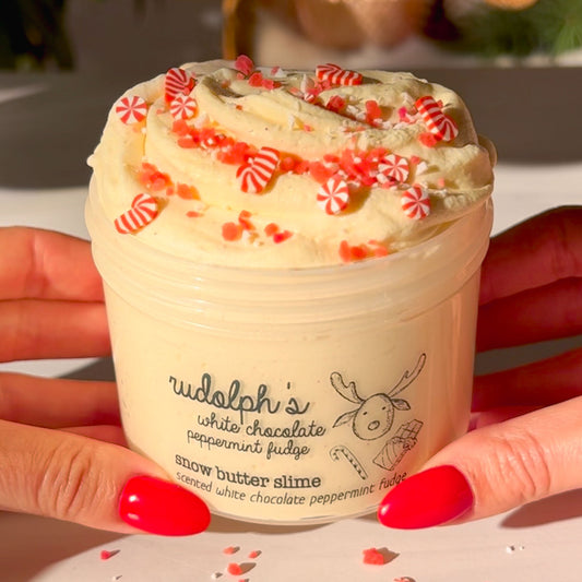 Rudolphs White Chocolate Peppermint Fudge Christmas Dessert Cream Colored Snow Butter Slime Fantasies Shop 9oz Front View