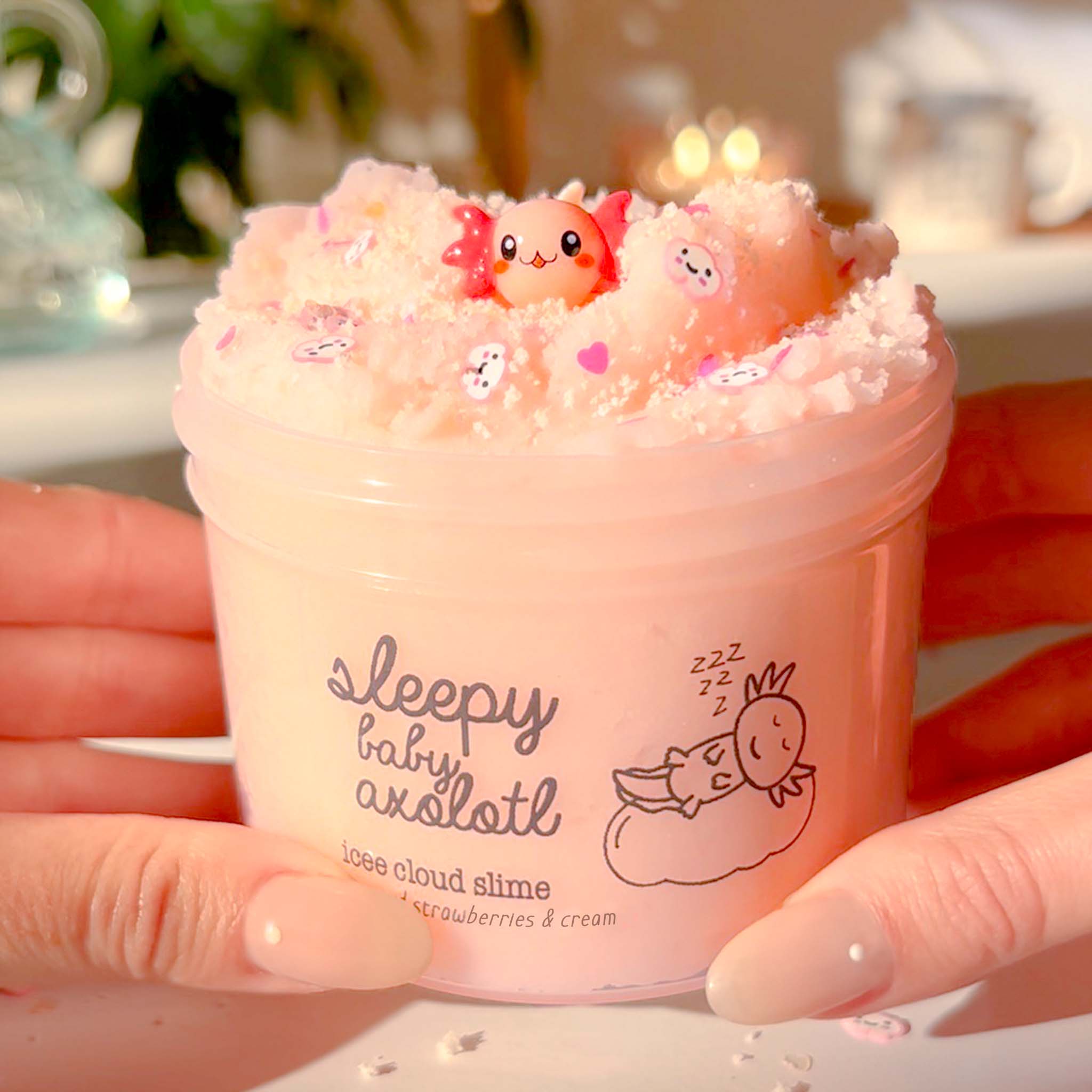 Sleepy Baby Axolotl Cute Kawaii Pink Cloud Slime Fantasies Shop 9oz Top View