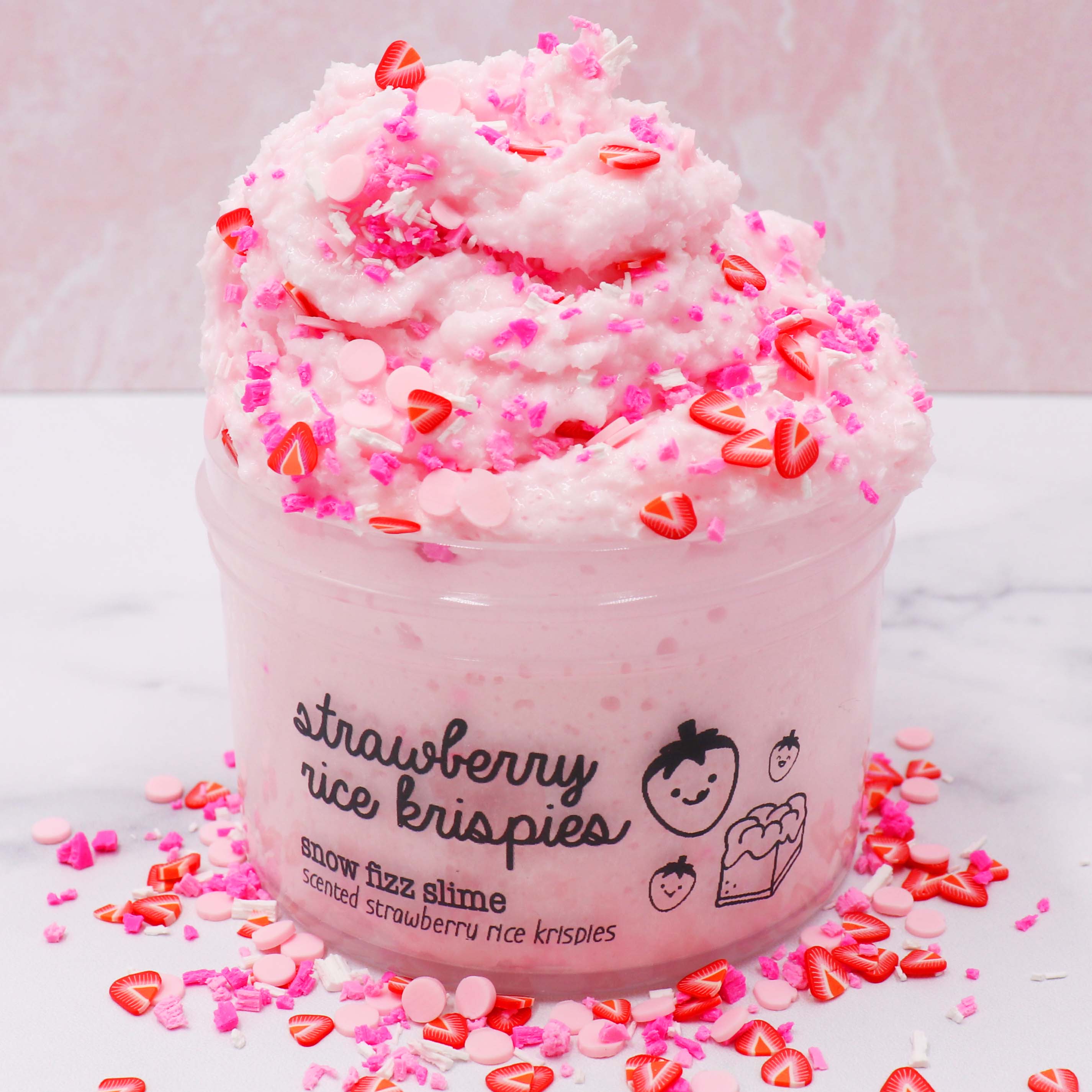 Strawberry Rice Krispies Pastel Pink Sprinkles Crunchy Snow Fizz Slime Fantasies Shop 7oz Front View Color Background