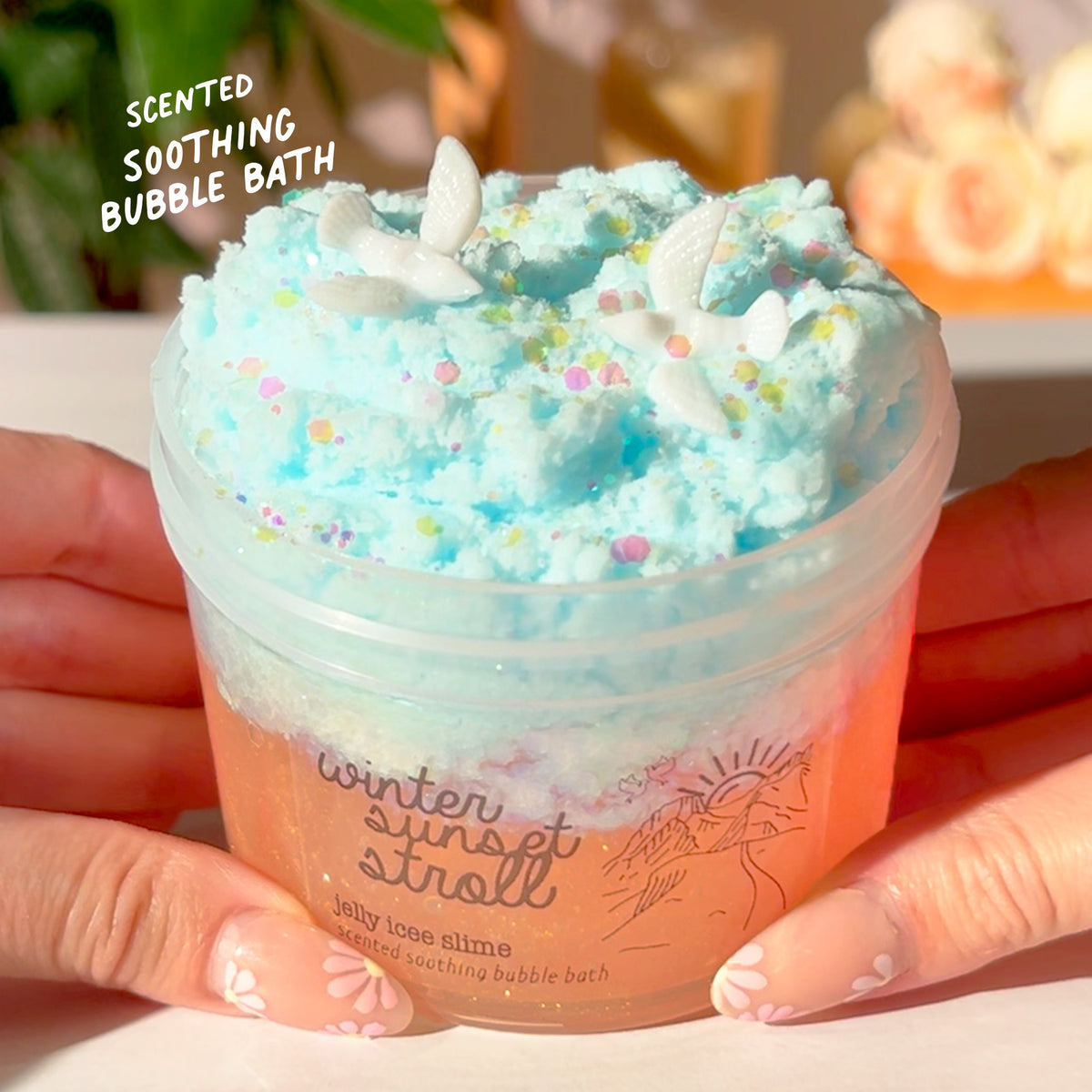 Winter Sunset Stroll Shimmer Gold Blue Cabin Snow Fizz Slime Fantasies Shop 9oz Front View