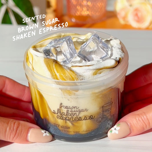 Brown Sugar Shaken Espresso Coffee Brown Cream Ice Cube DIY Slime Cozy Coffee Shop Slime Fantasies Shop 9oz Front View Text