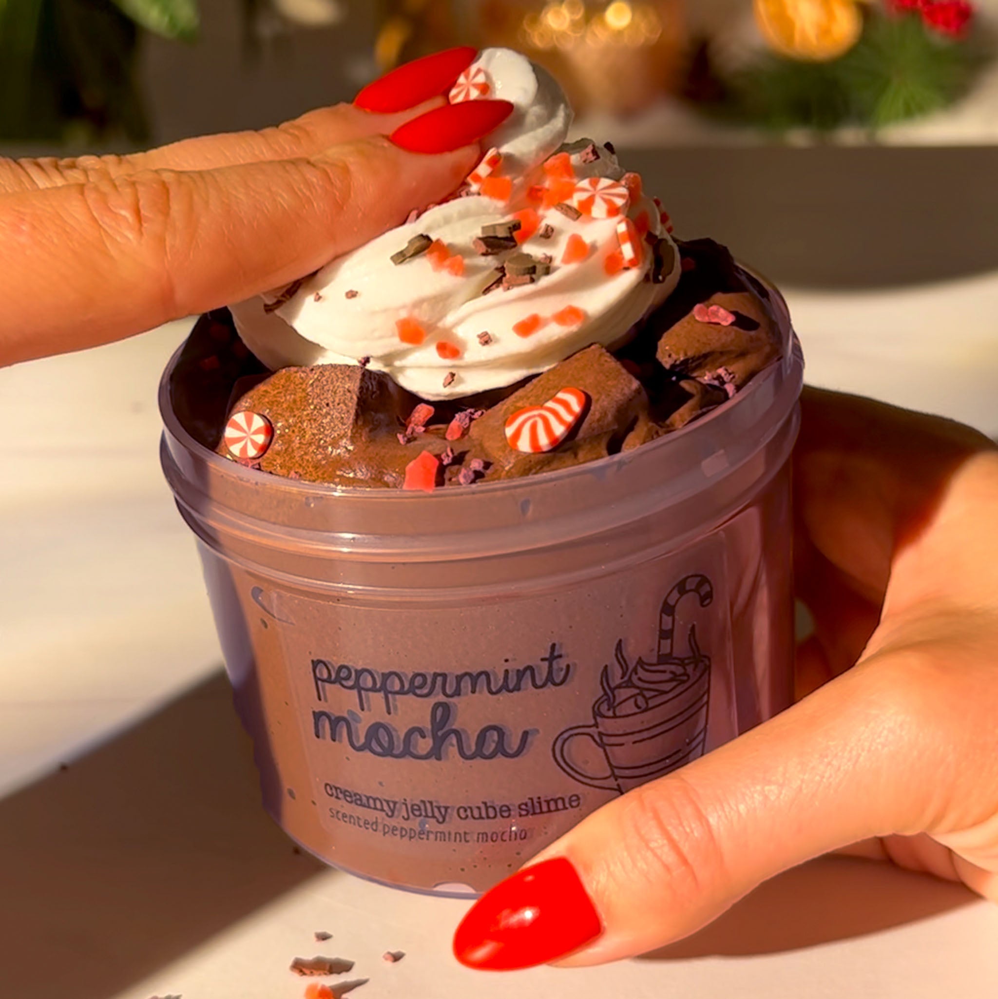 Peppermint Mocha Christmas Winter Jelly Cube Slime Fantasies Shop 9oz Front View Push