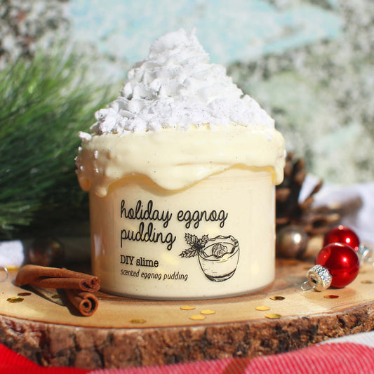 Holiday Eggnog Pudding Christmas Slime Gift For Kids Yellow White Scented Clay Creamy DIY Butter Slime Fantasies Shop 9oz Front View Decoration Below