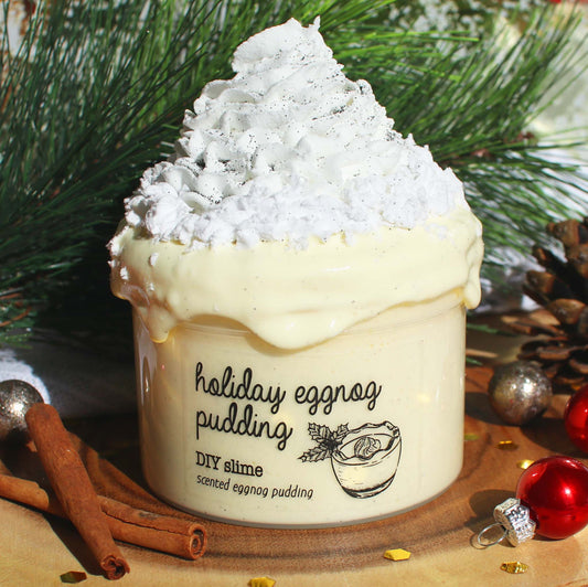 Holiday Eggnog Pudding Christmas Slime Gift For Kids Yellow White Scented Clay Creamy DIY Butter Slime Fantasies Shop 9oz Front View Decoration Closeup