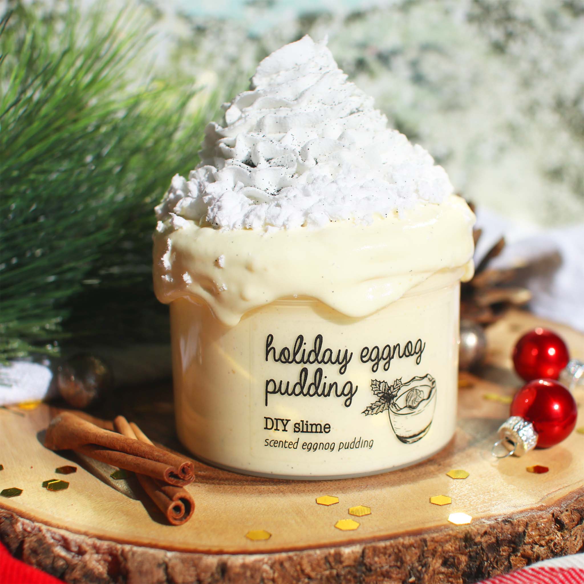 Holiday Eggnog Pudding Christmas Slime Gift For Kids Yellow White Scented Clay Creamy DIY Butter Slime Fantasies Shop 9oz Front View Decoration Side
