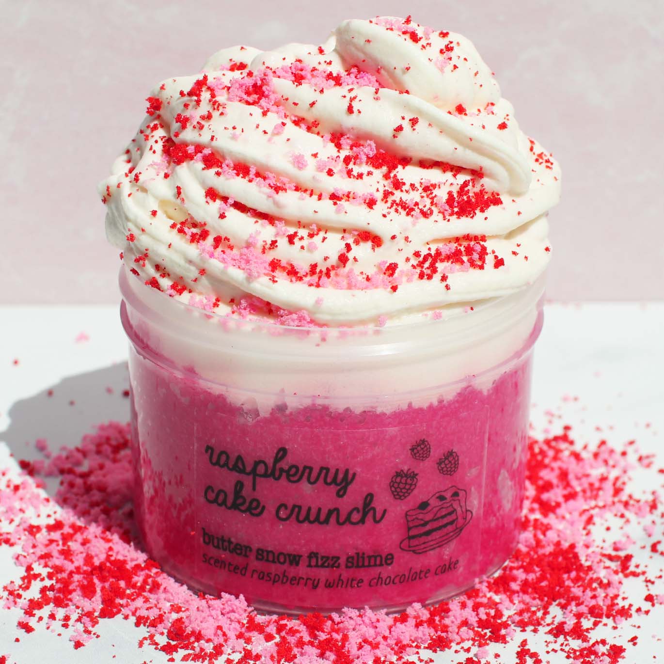 Raspberry Cake Crunch Pink Layered Crunchy Butter Snow Fizz Slime Fantasies Shop 9oz Front View