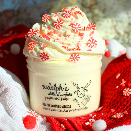 Rudolphs White Chocolate Peppermint Bark Christmas Slime Gift For Kids Yellow Red Candy Cane Scented Clay Creamy Snow Butter Slime Fantasies Shop 9oz Front View Decoration