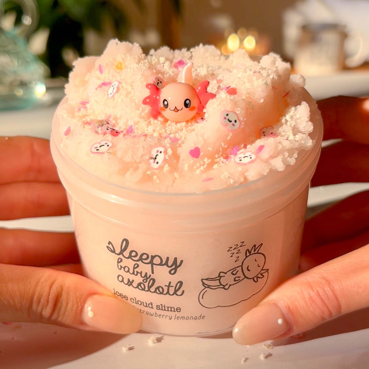 Sleepy Baby Axolotl Cute Kawaii Pink Cloud Slime Fantasies Shop 9oz Top View