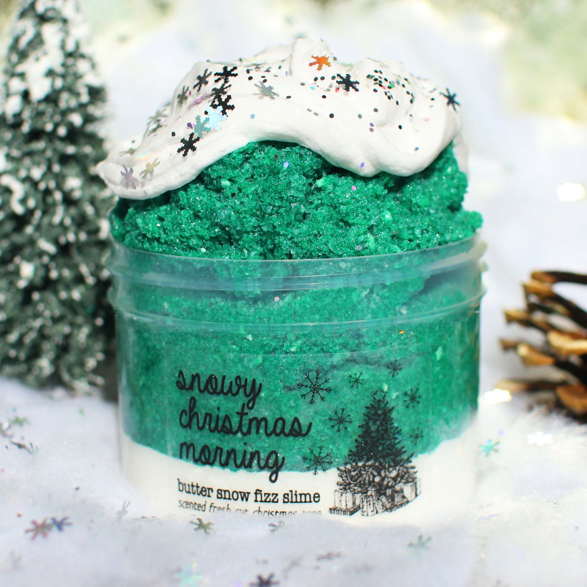 Snowy Christmas Morning Christmas Slime Gift For Kids Green White Tree Scented Clay Creamy Crunchy Butter Snow Fizz Slime Fantasies Shop 9oz Front View Decoration Closer