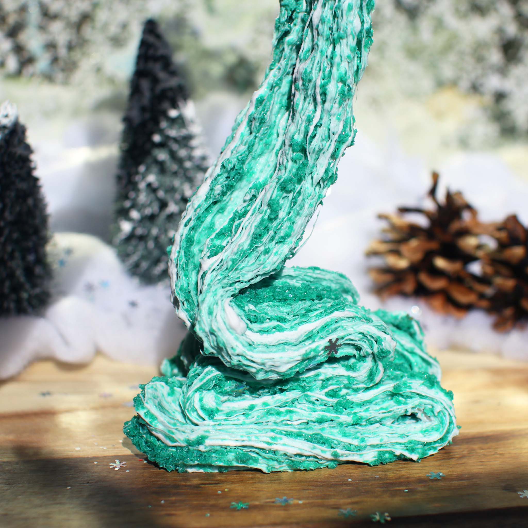 Snowy Christmas Morning Christmas Slime Gift For Kids Green White Tree Scented Clay Creamy Crunchy Butter Snow Fizz Slime Fantasies Shop 9oz Front View Decoration Drizzle