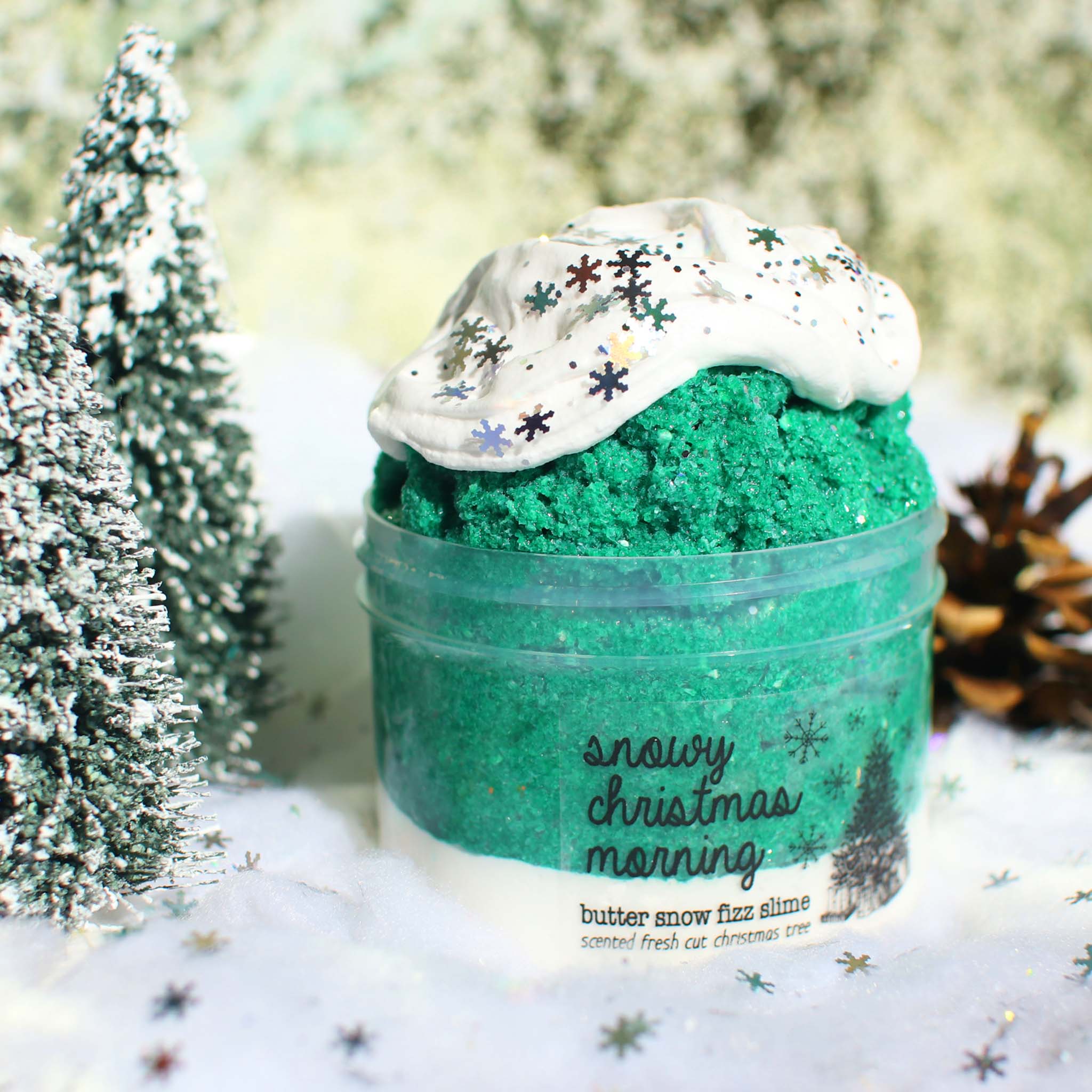 Snowy Christmas Morning Christmas Slime Gift For Kids Green White Tree Scented Clay Creamy Crunchy Butter Snow Fizz Slime Fantasies Shop 9oz Front View Decoration Side View
