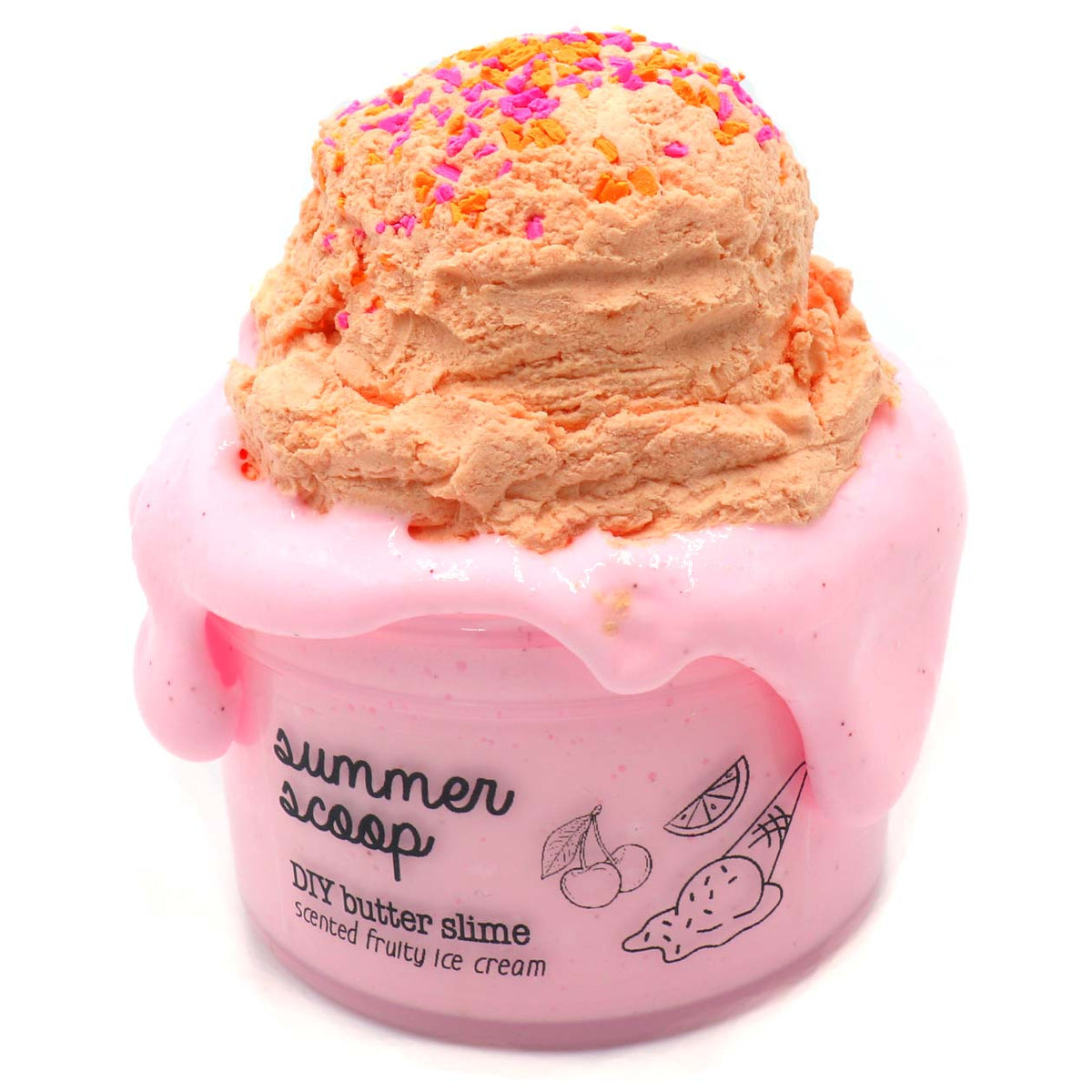 Summer Scoop Ice Cream Orange Pink Fruity Cherry Sprinkles DIY Butter Slime Fantasies Shop 7oz Front View 