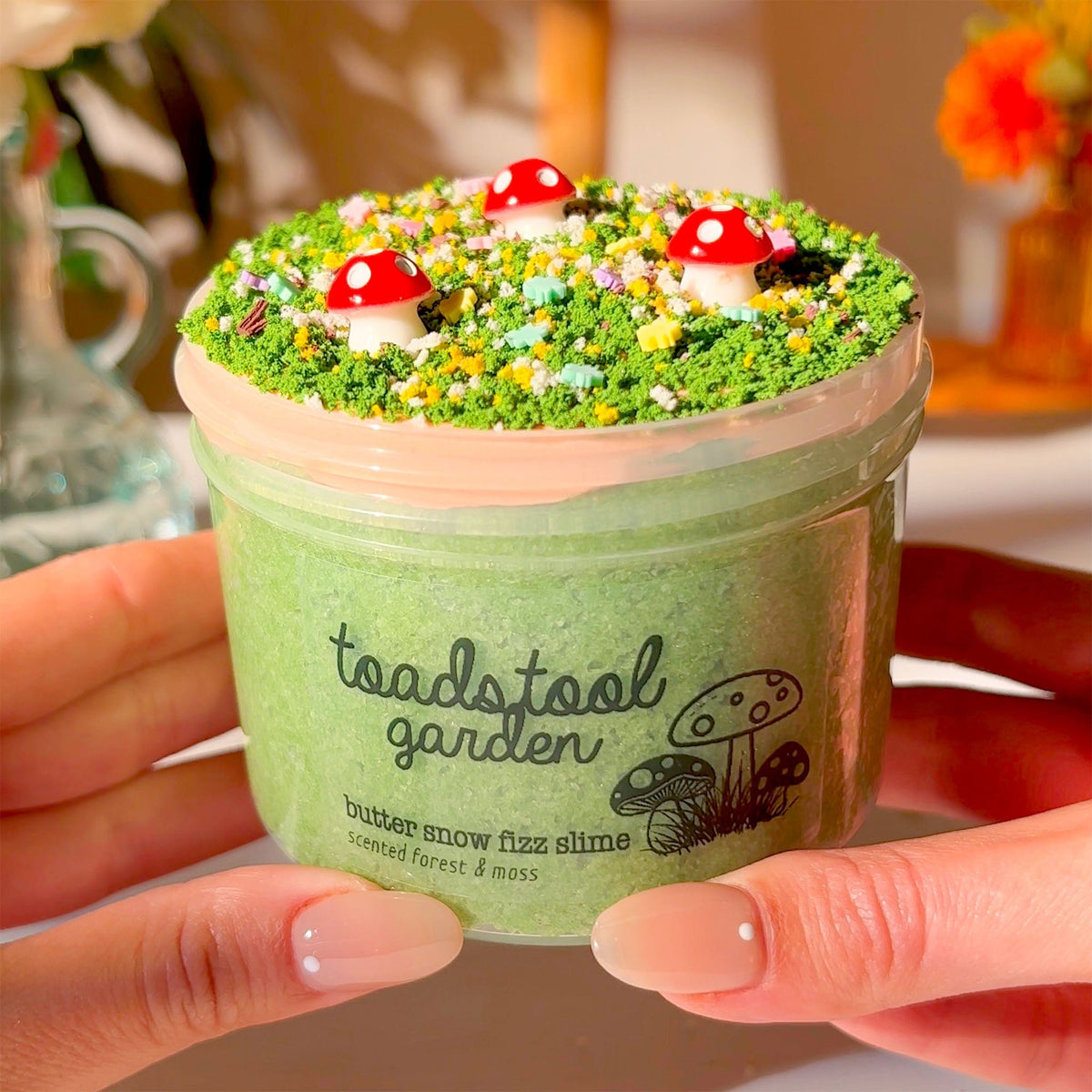 Toadstool Garden Cottagecore Cute Crunchy Mushroom Slime Fantasies Shop 9oz Front View Hands