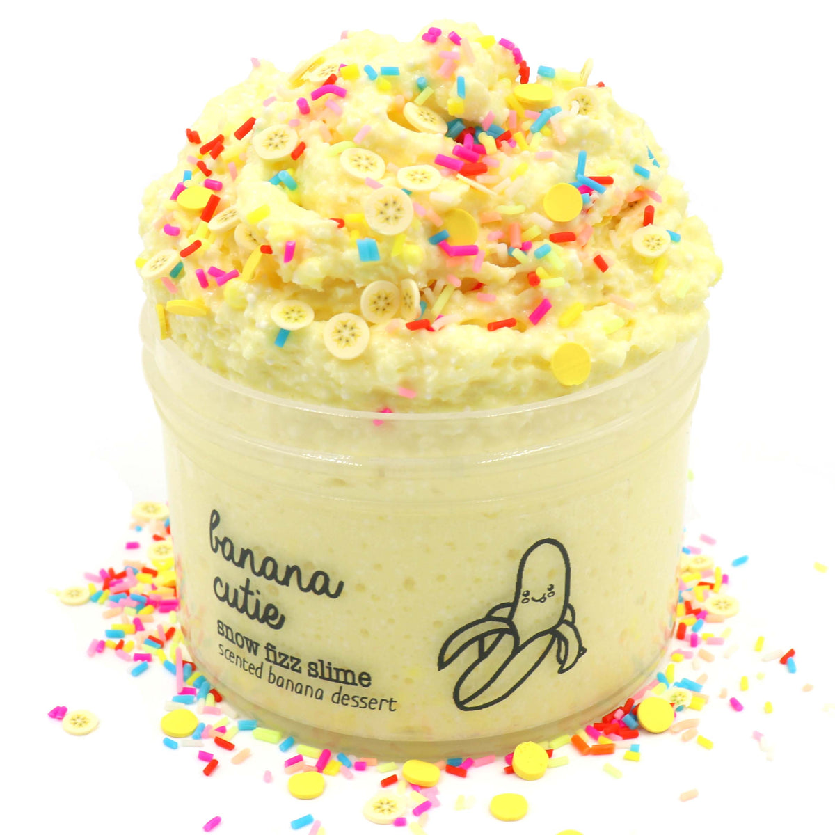 Banana Cutie Yellow Sprinkles Fruity Fruit Crunchy Snow Fizz Slime Fantasies Shop 7oz Front View