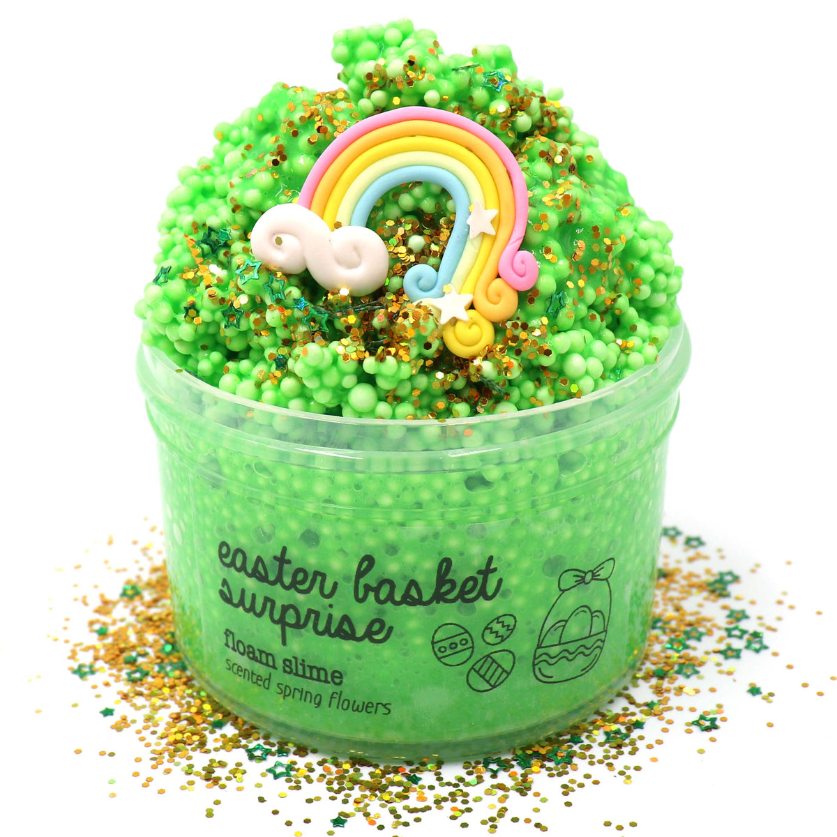 Easter Basket Surprise Green Spring Flower Floral Glitter Rainbow Charm Crunchy Floam Slime Fantasies Shop 7oz Front View White Background