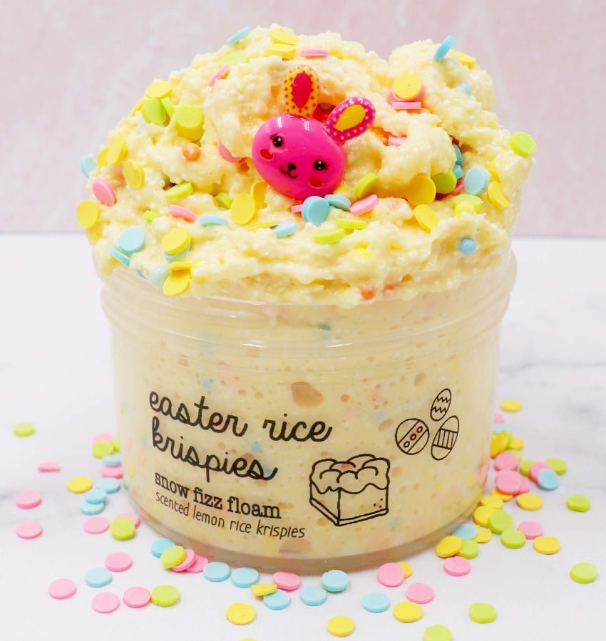 Easter Rice Krispies Yellow Rainbow Lemon Sprinkles Crunchy Snow Fizz Floam Slime Fantasies Shop 7oz Front View Color Background