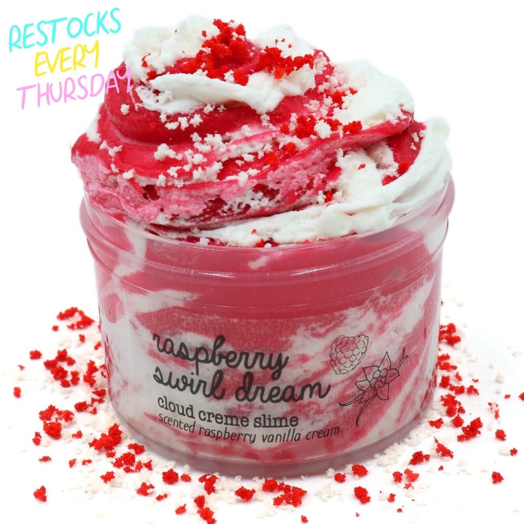 Raspberry Swirl Dream Red White Fruity Layered Swirled Sprinkles Summer Cloud Creme Cream Slime Fantasies 7oz Front View